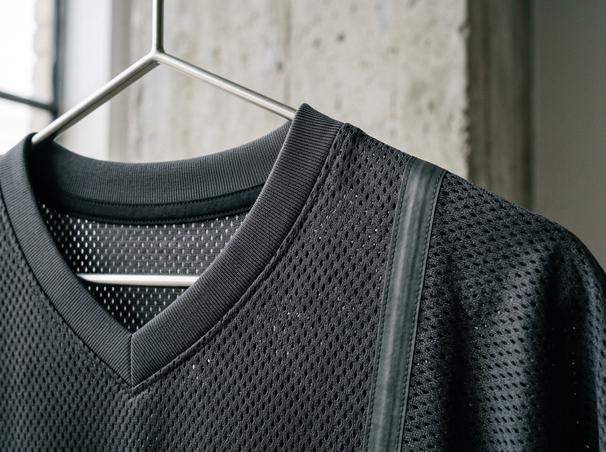 Detail tekstur jahitan kerah V-neck dan micro-mesh